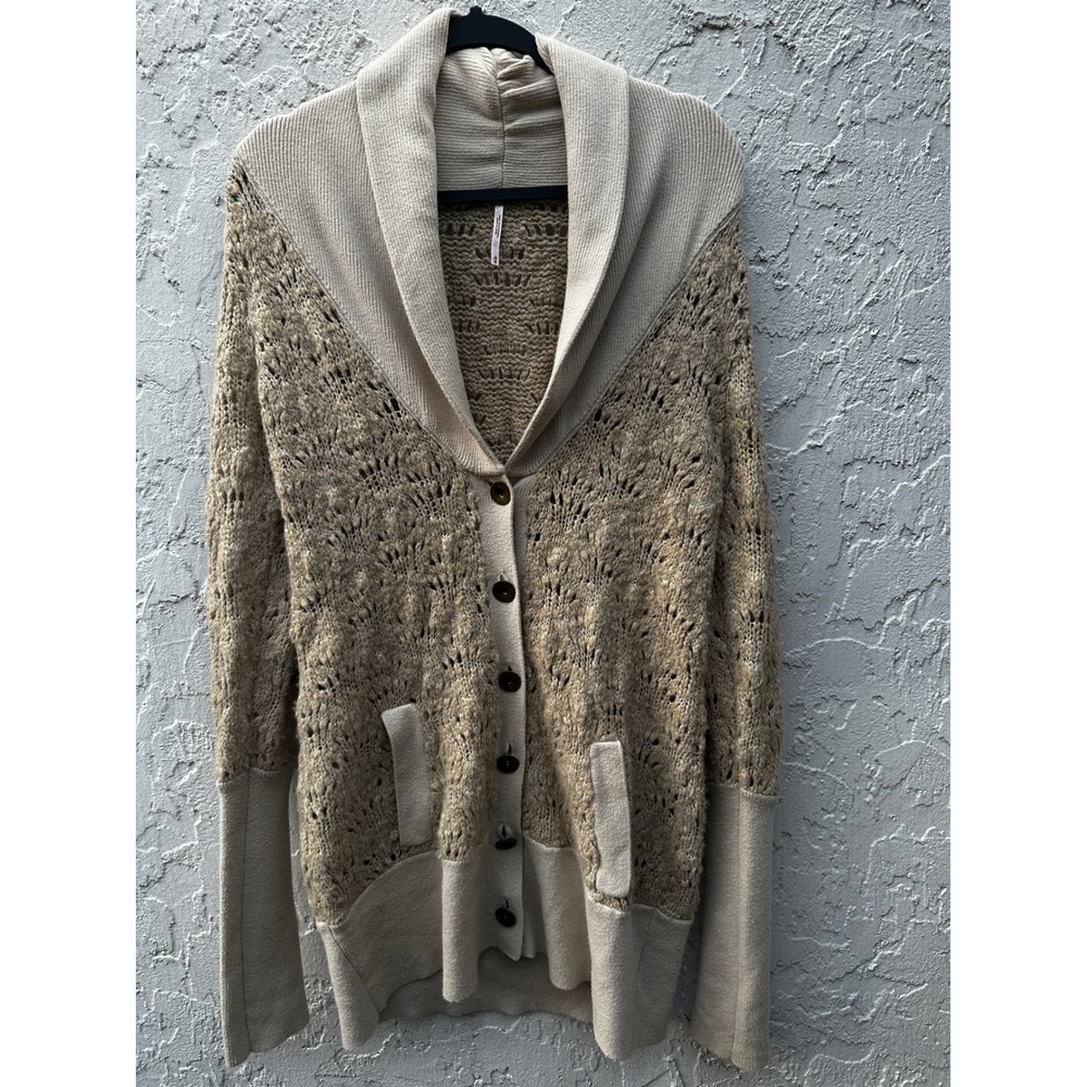 Free People Pointelle Knit Chunky Shawl Collar Cardigan Sweater Medium Boho